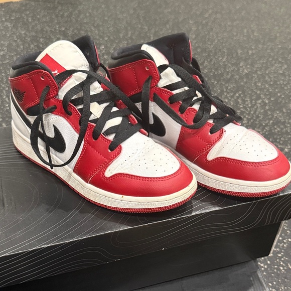 Jordan Mid Hightop Kids Sneakers Red and White